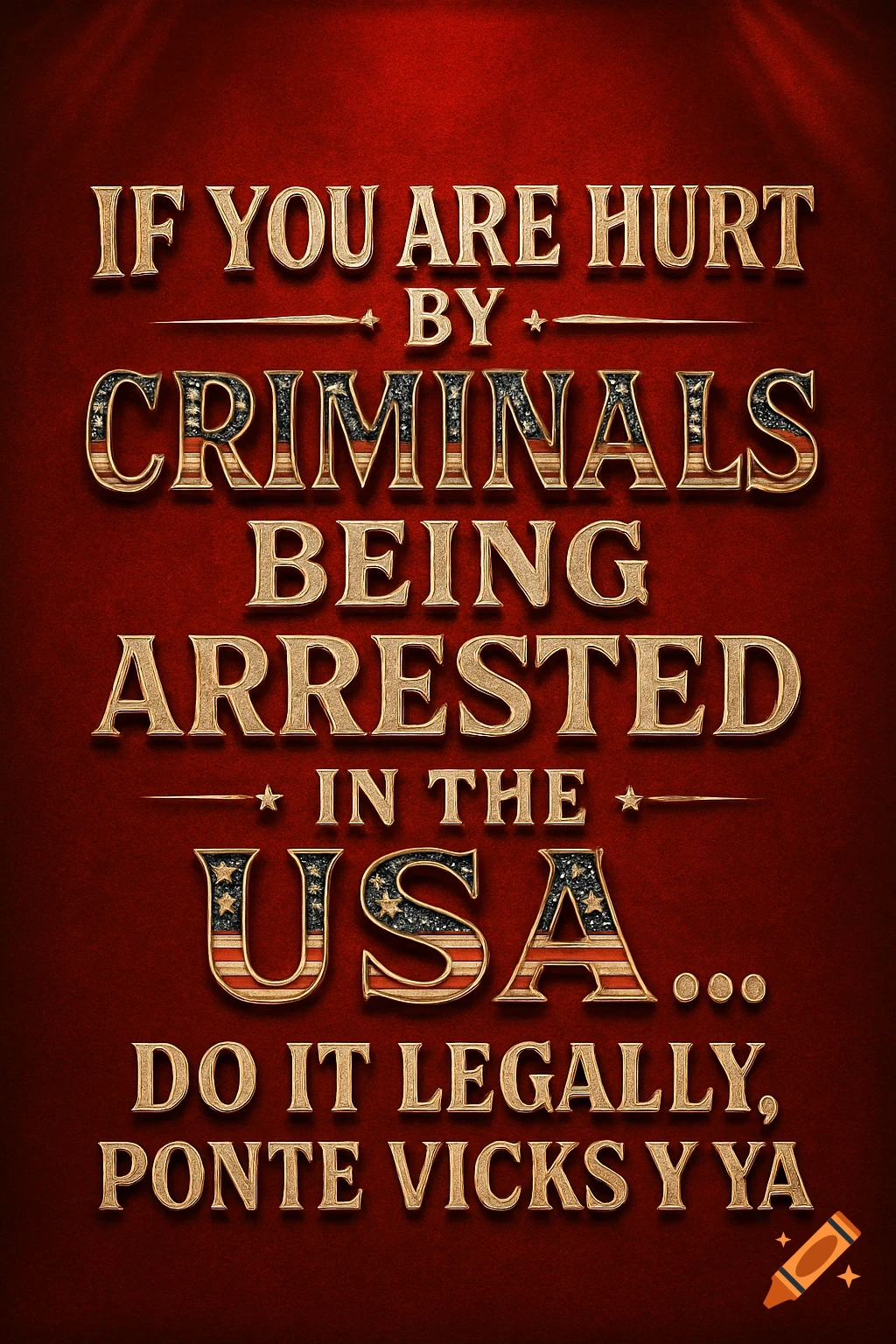 Metallic patriotic text on a red background reads, 'IF YOU ARE HURT BY CRIMINALS BEING ARRESTED IN THE USA... DO IT LEGALLY, PONTE VICKS Y YA'.