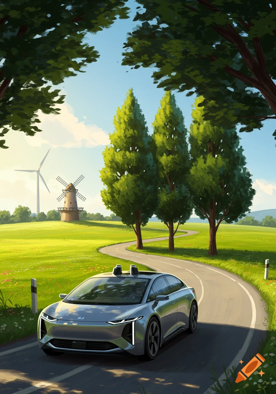 A futuristic silver autonomous car drives on a winding road through a vibrant green countryside with trees, a windmill, and a wind turbine. Digital art.