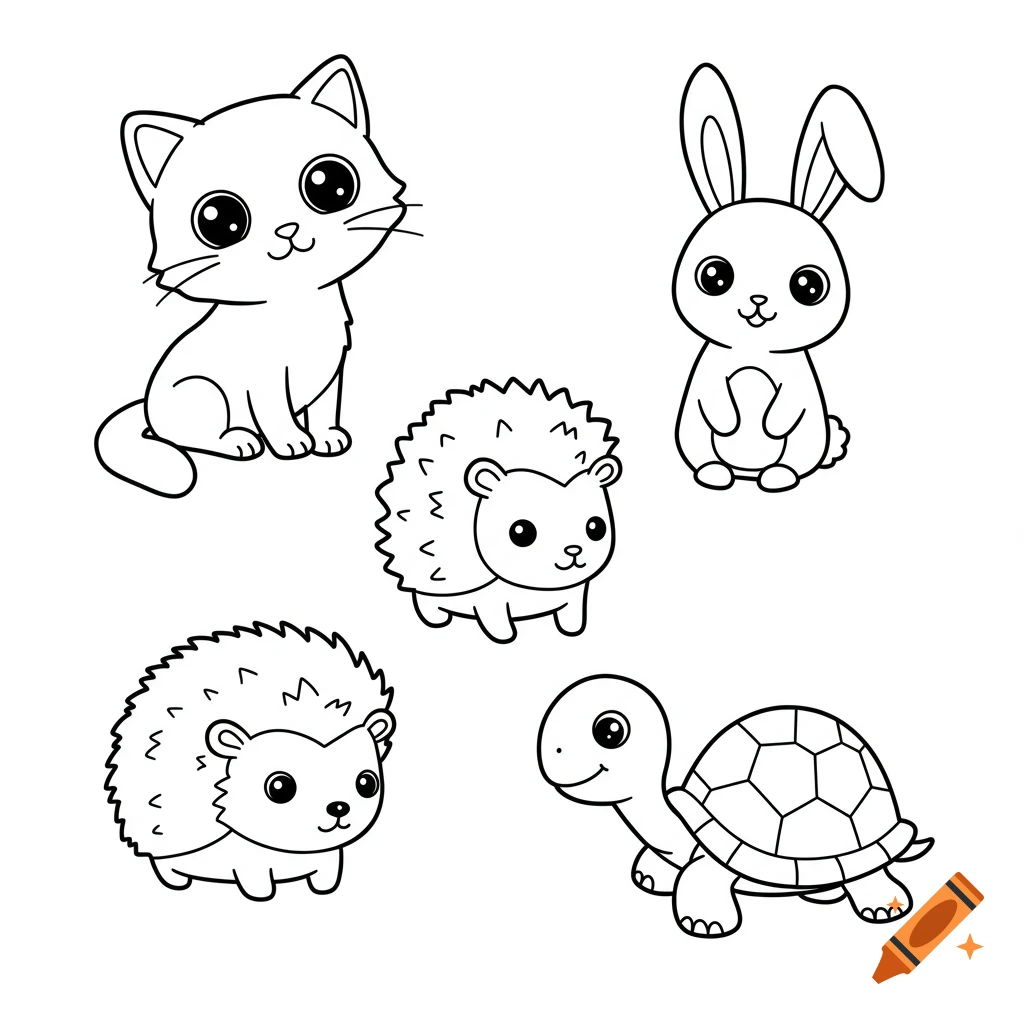 Black and white line art of five cute animals: a cat, two hedgehogs, a rabbit, and a turtle, suitable for a coloring book.