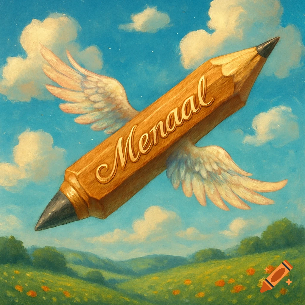 A winged pencil with 'Menaal' written on it flies over a green, rolling landscape under a blue sky, in a painterly style.