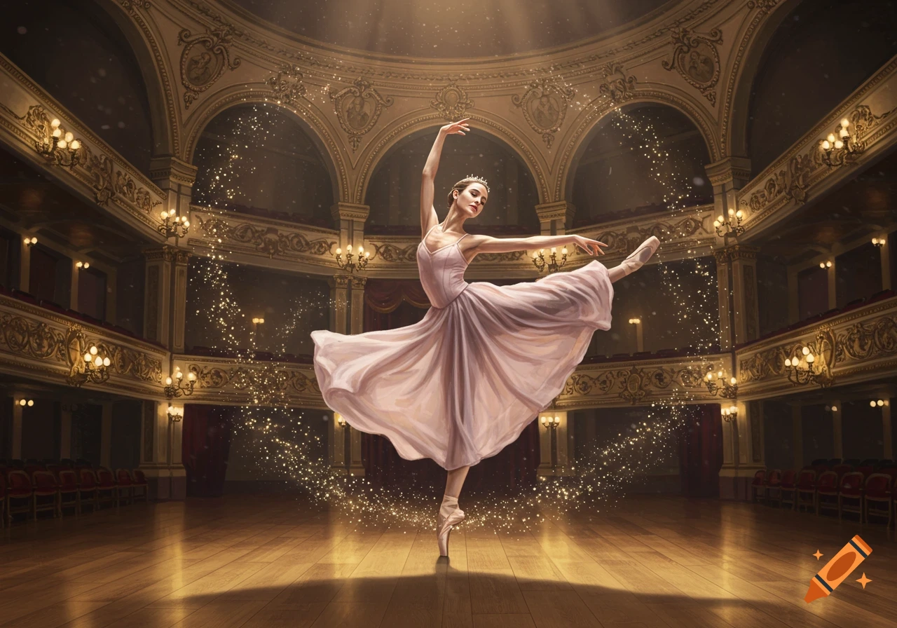 A ballerina in a light pink dress gracefully leaps on a stage in a grand, ornate theater, surrounded by golden sparkling dust.