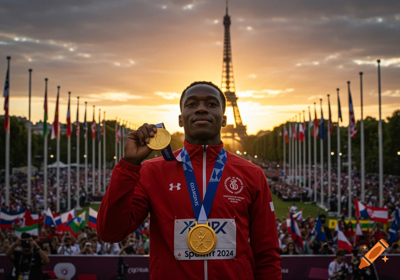 A man in a red jacket holding a gold medal with the Eiffel Tower and flags in the background at sunset, celebrating an achievement.