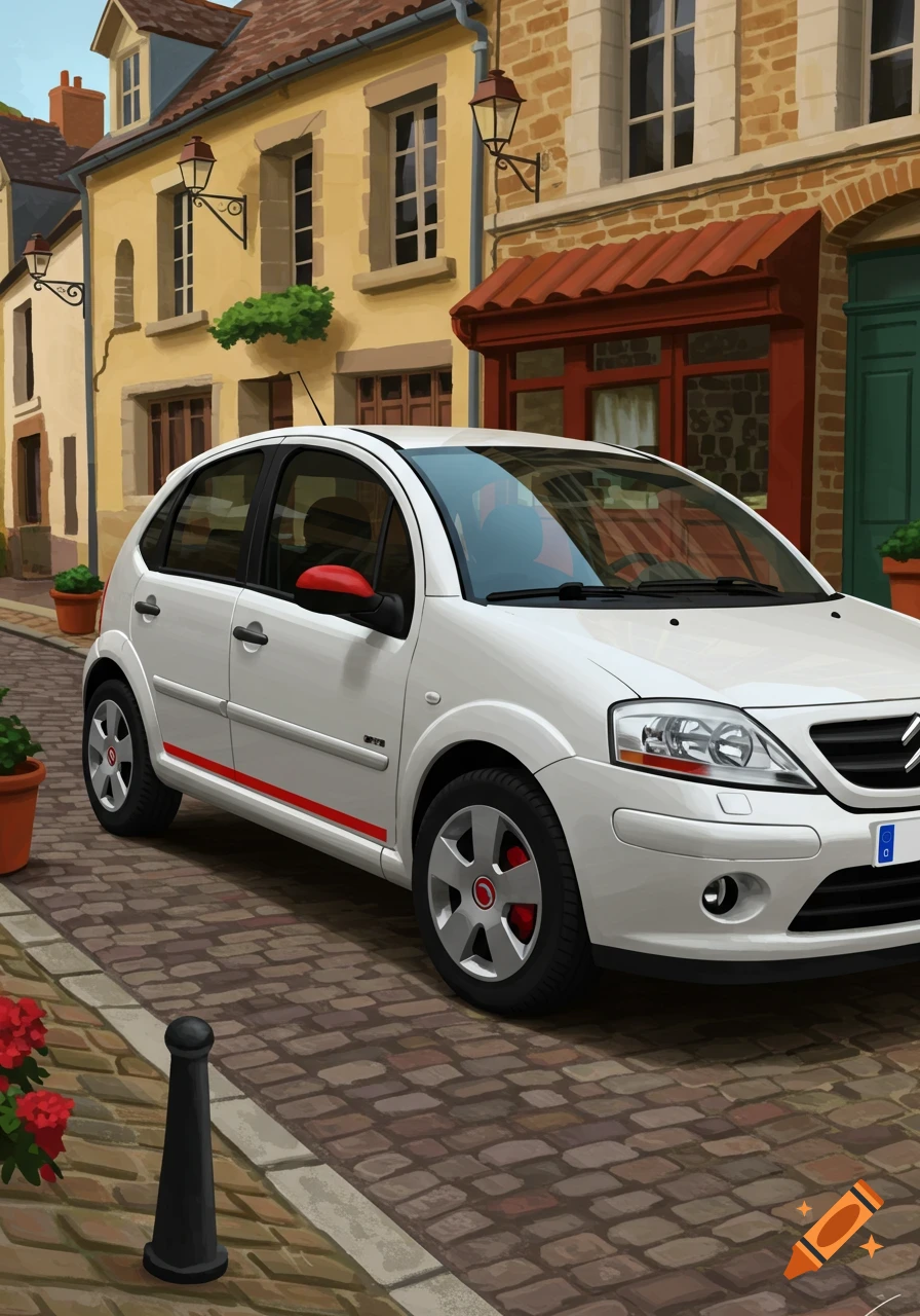 White Citroen C3 car with red accents parked on a cobblestone street in front of yellow buildings, painted style.