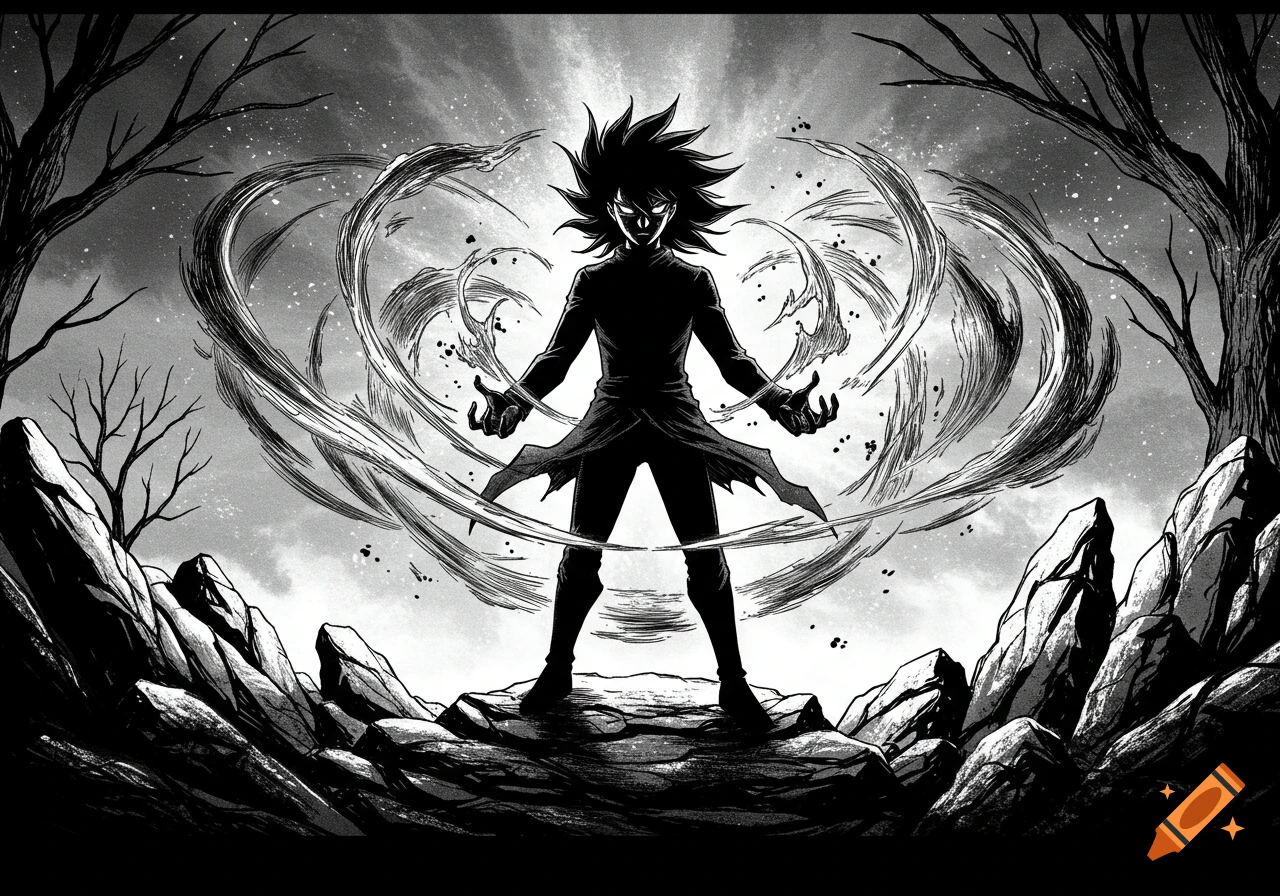 A black and white manga-style illustration of a dark-haired villain standing on rocks, emanating swirling magic.
