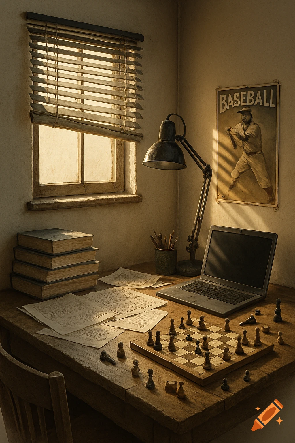 A sunlit wooden desk with stacked books, papers, a laptop, a chessboard, a lamp, and a baseball poster on the wall.
