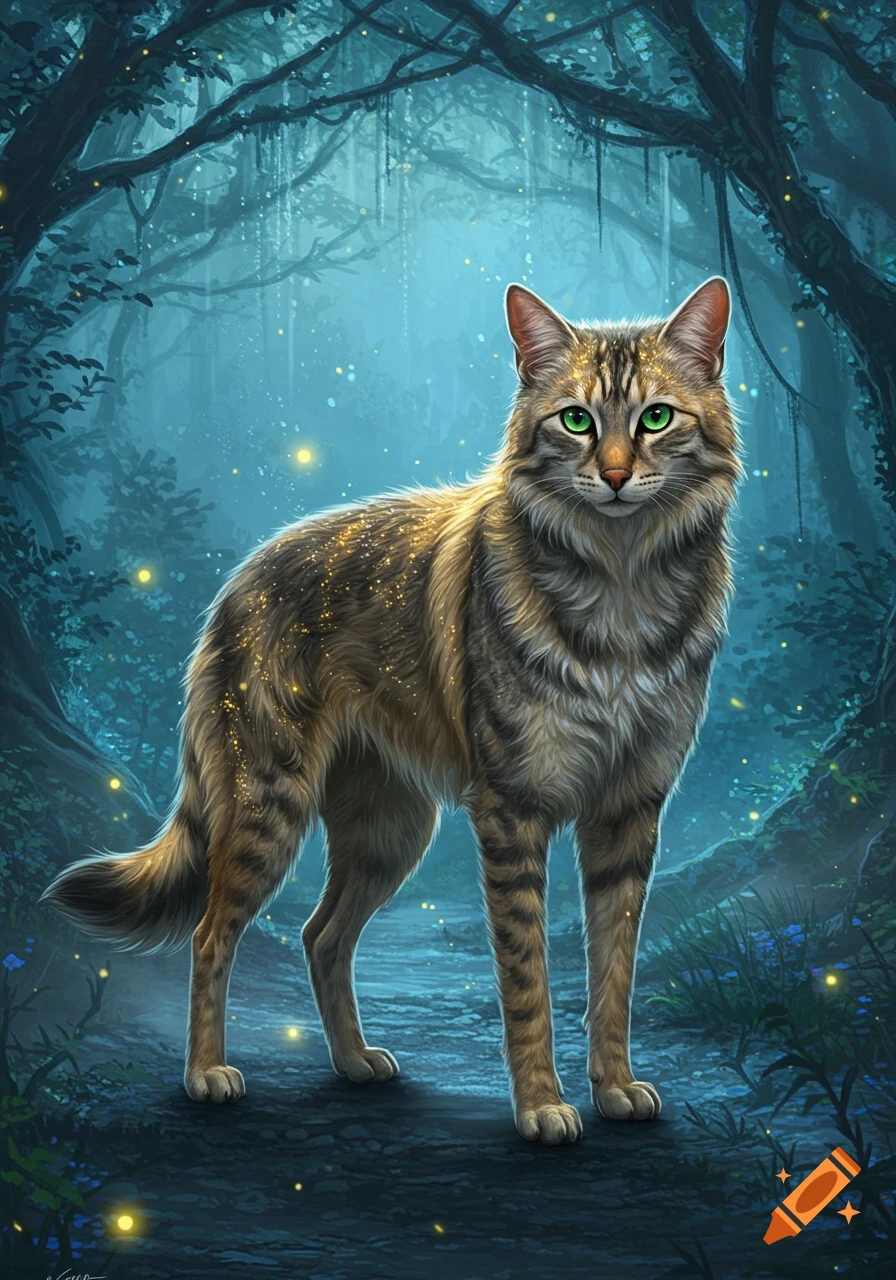 A majestic cat-like creature with green eyes and speckled fur stands in a mystical, blue-lit forest with glowing fireflies.