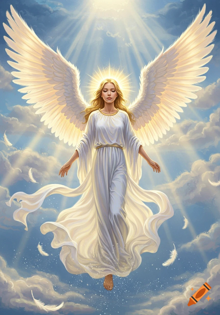 Beautiful blonde angel with large white wings and flowing white gown floats in a heavenly sky with bright light rays and soft clouds.