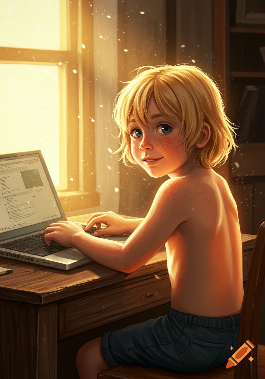 Blonde boy with freckles, shirtless, sits at a desk typing on a laptop in a sunlit room, smiling at the viewer. Digital illustration.