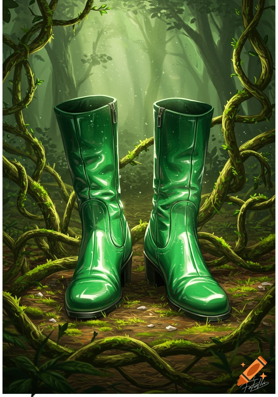 A pair of shiny green leather boots standing on the forest floor, surrounded by tangled vines and illuminated by dappled light.