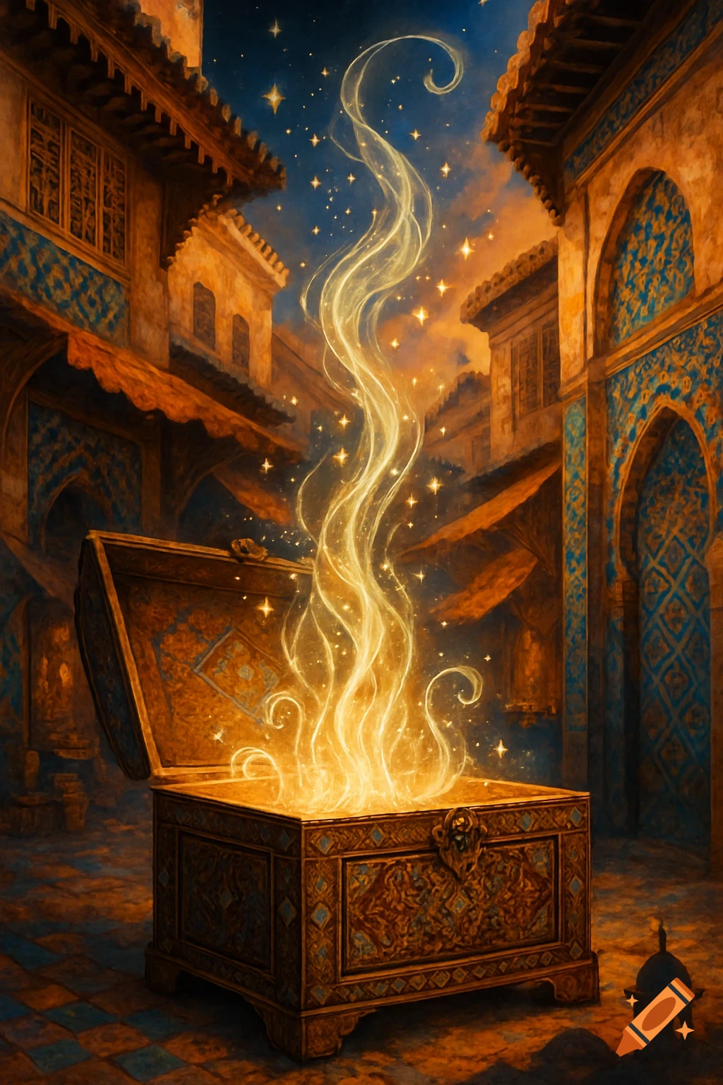 An open ornate treasure chest glows with magical light and stars in an old, intricately detailed city alleyway.
