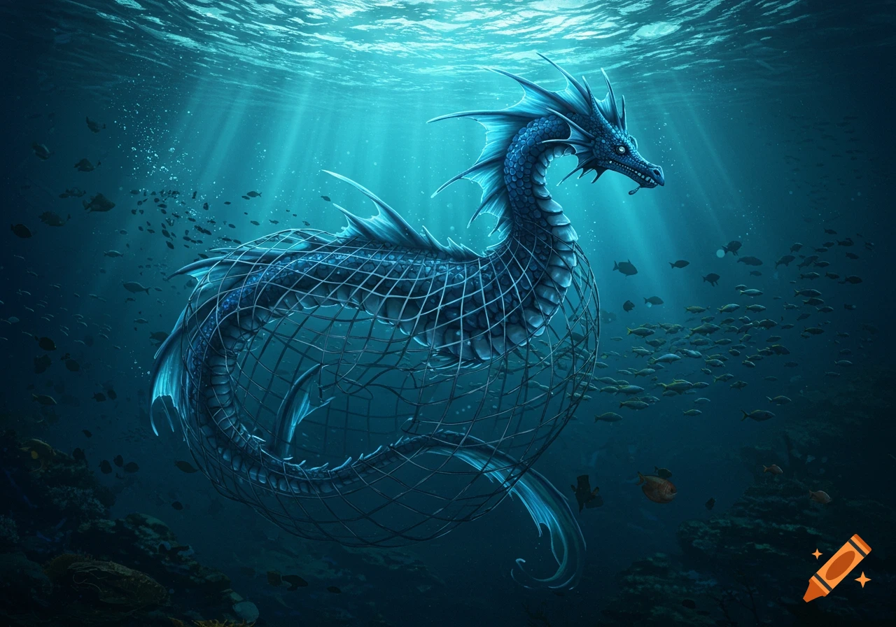 A majestic blue fantasy sea dragon, with a spiky head and wire-like body, swims in a deep blue ocean surrounded by schools of fish and sun rays.