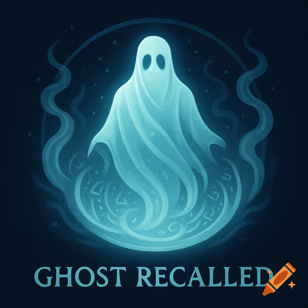 A glowing blue ghost figure with two black eyes, stylized as an icon, above the text 'Ghost Recalled' on a dark background.