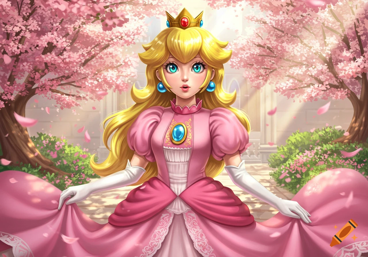 Princess Peach in her pink gown, standing under blooming cherry blossom trees in a vibrant digital art style.