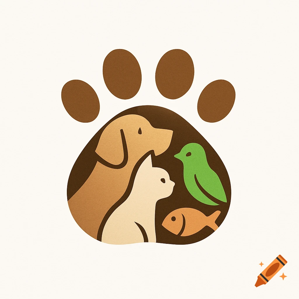 Stylized logo featuring a brown paw print containing a dog, cat, bird, and fish in earthy tones.
