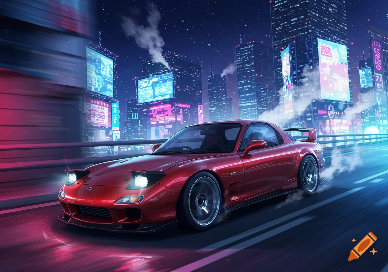 A red Mazda RX7 sports car speeds through a neon-lit futuristic cityscape at night in an anime style.
