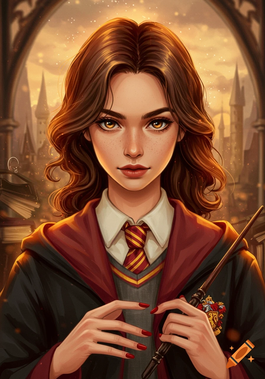 A semi-realistic illustration of a young woman with brown hair, in Gryffindor robes, holding a wand, with a magical Hogwarts-like background.