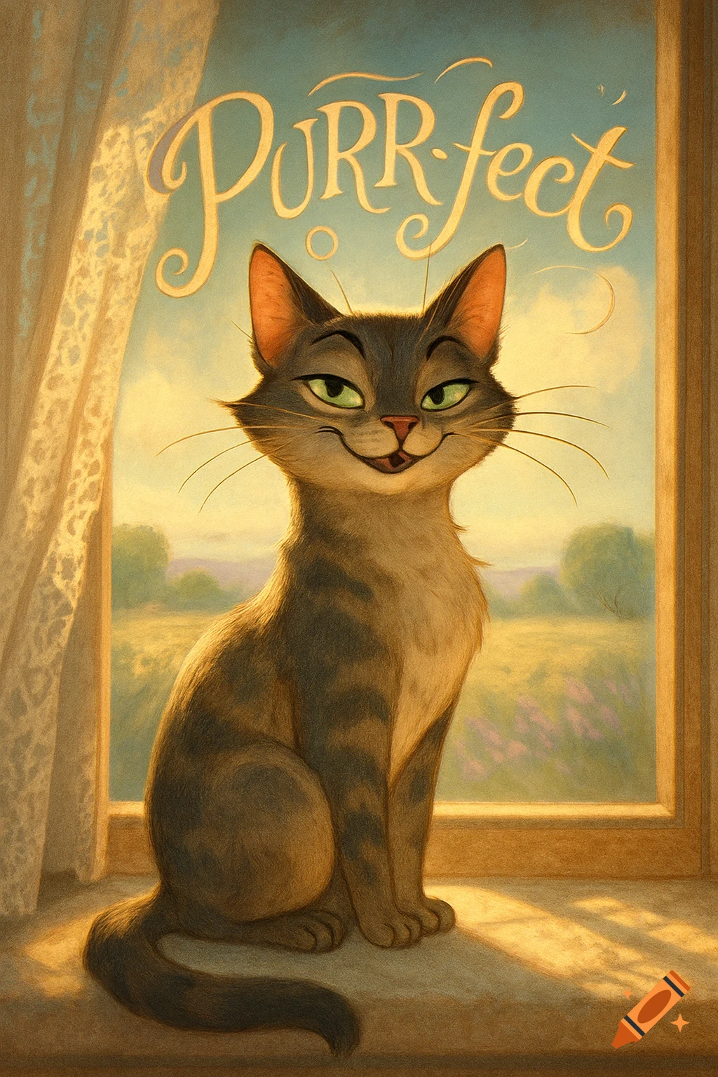A smiling cartoon grey tabby cat sits on a sunlit windowsill with a lace curtain, and "Purr-fect" above.