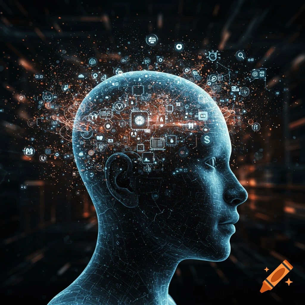 Profile view of a glowing, translucent human head filled with intricate blue circuits and orange data points on a dark background.