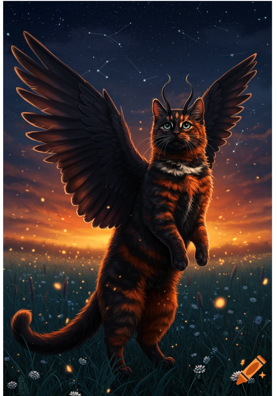 Black and ginger winged cat with small horns stands on two feet in a vibrant sunset field under a starry night.
