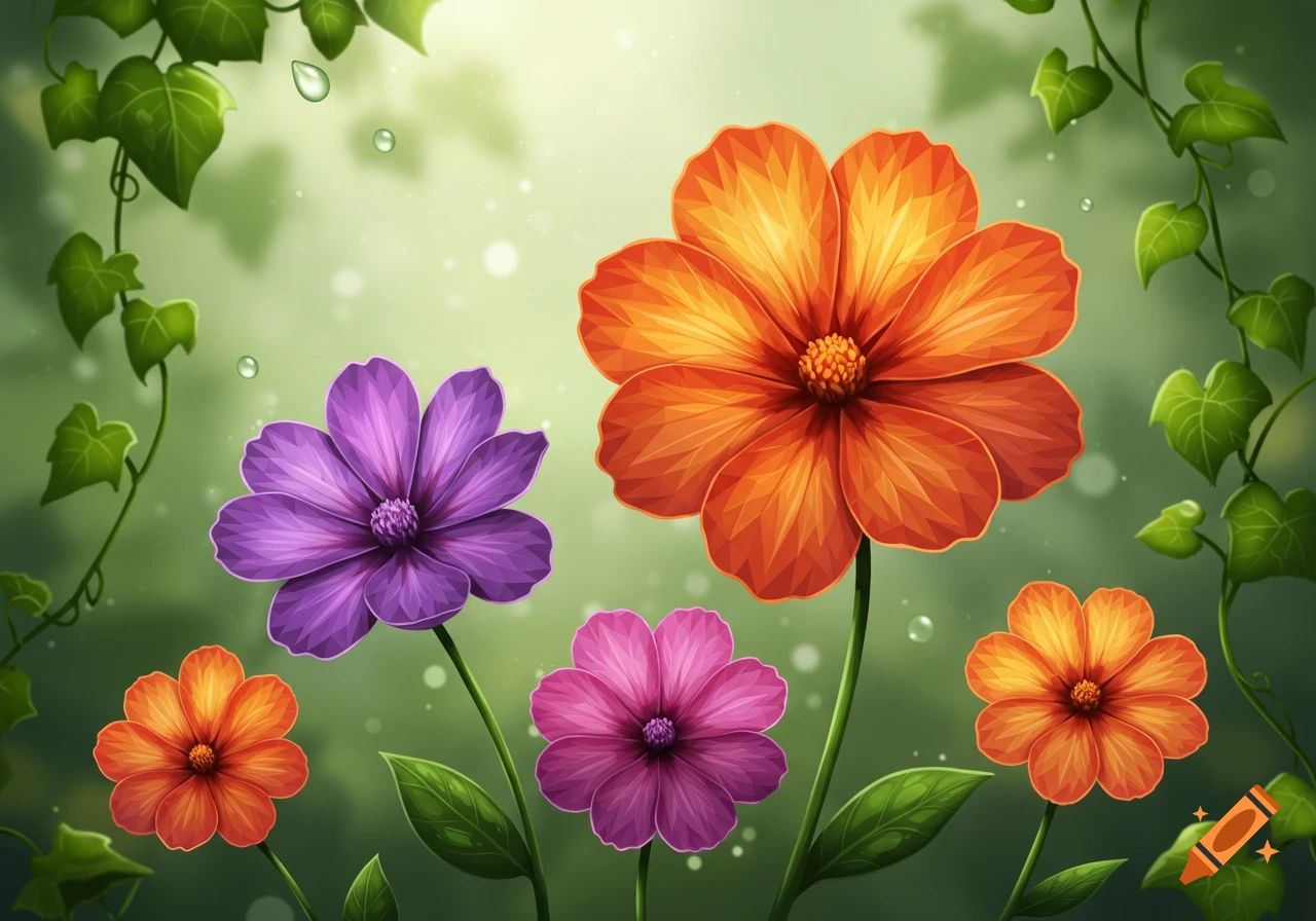 Vibrant orange, purple, and pink flowers bloom amidst green leaves and vines, with water droplets on a soft green background.