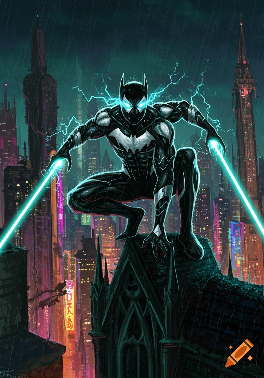 Comic art of a black and white Batman-like superhero with glowing eyes and laser beams, crouching on a rainy rooftop above a neon city.
