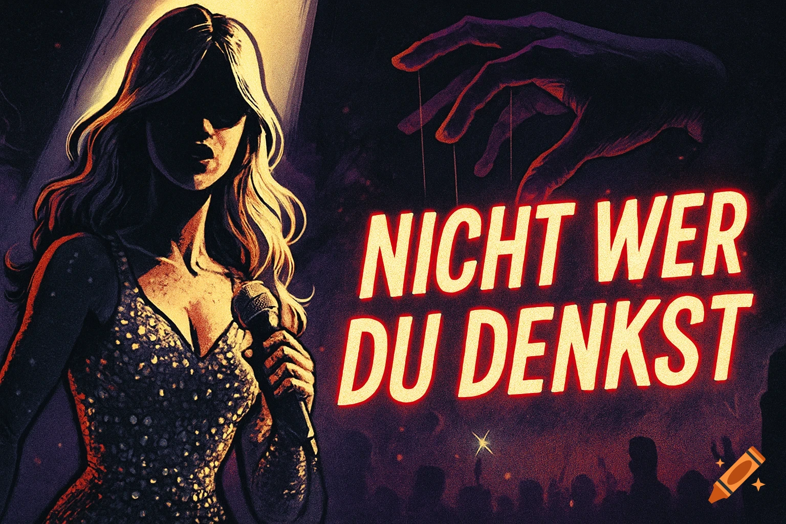 Dramatic comic art of a singer on stage under a spotlight, with a shadowy puppet hand and glowing text 'NICHT WER DU DENKST'.