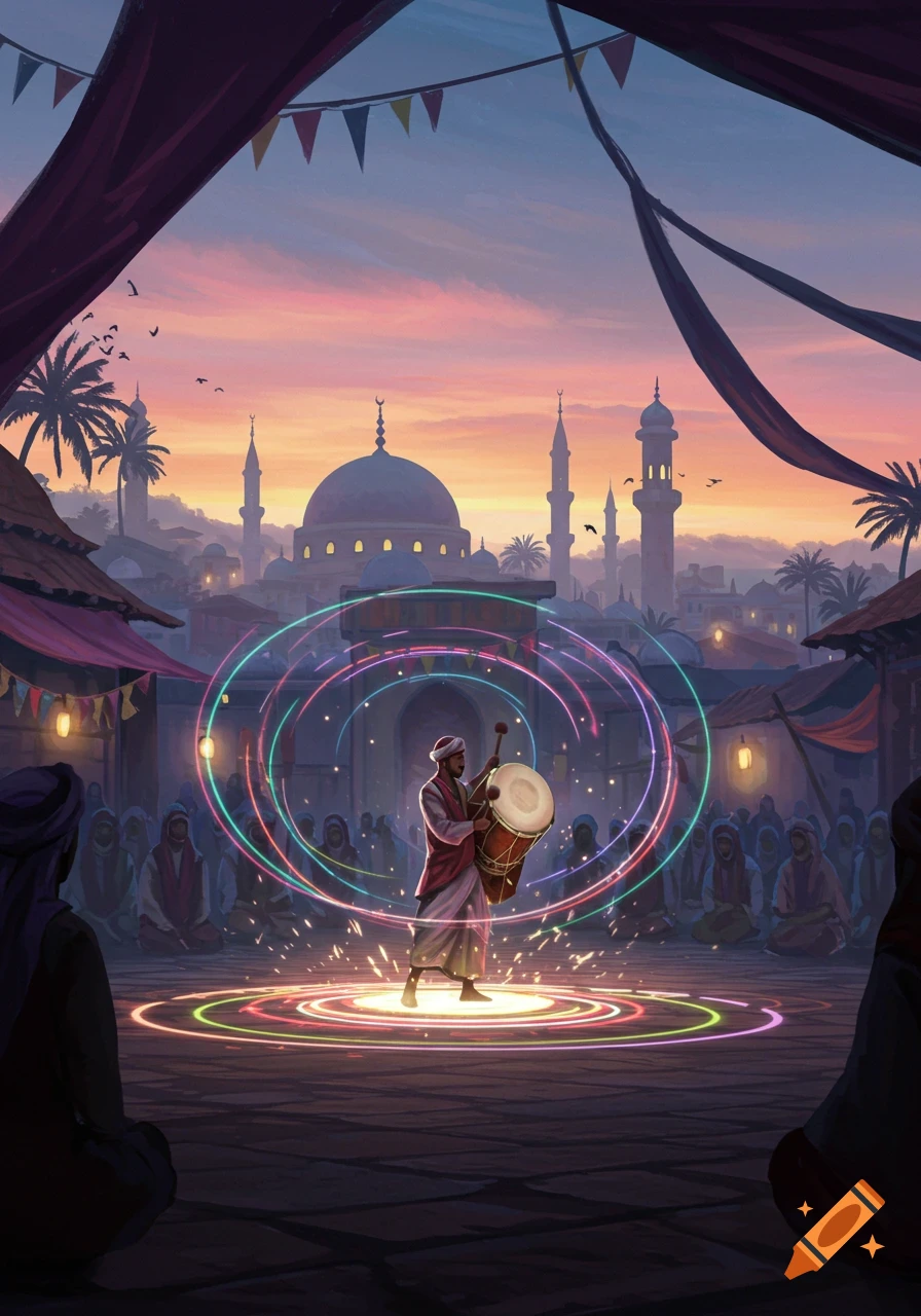 Illustrated scene: Man plays a drum with colorful glowing rings in a market square at sunset, with a mosque and crowd.