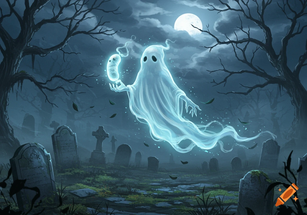 A friendly, glowing blue ghost holds a smaller ghost in a moonlit graveyard with bare trees and numerous tombstones.