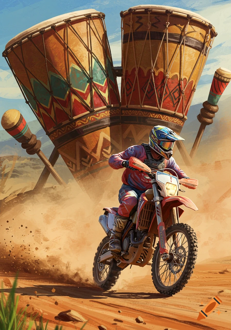 Illustration of a dirt bike rider in a dusty desert, with two large, decorated drums and mallets towering in the background.