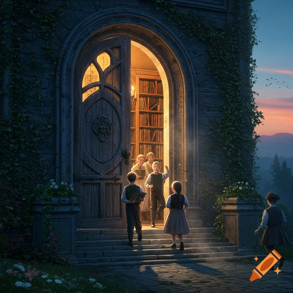 Children stand at the glowing, open ornate wooden door of an ivy-covered stone library building at dusk, with mountains in the distance.