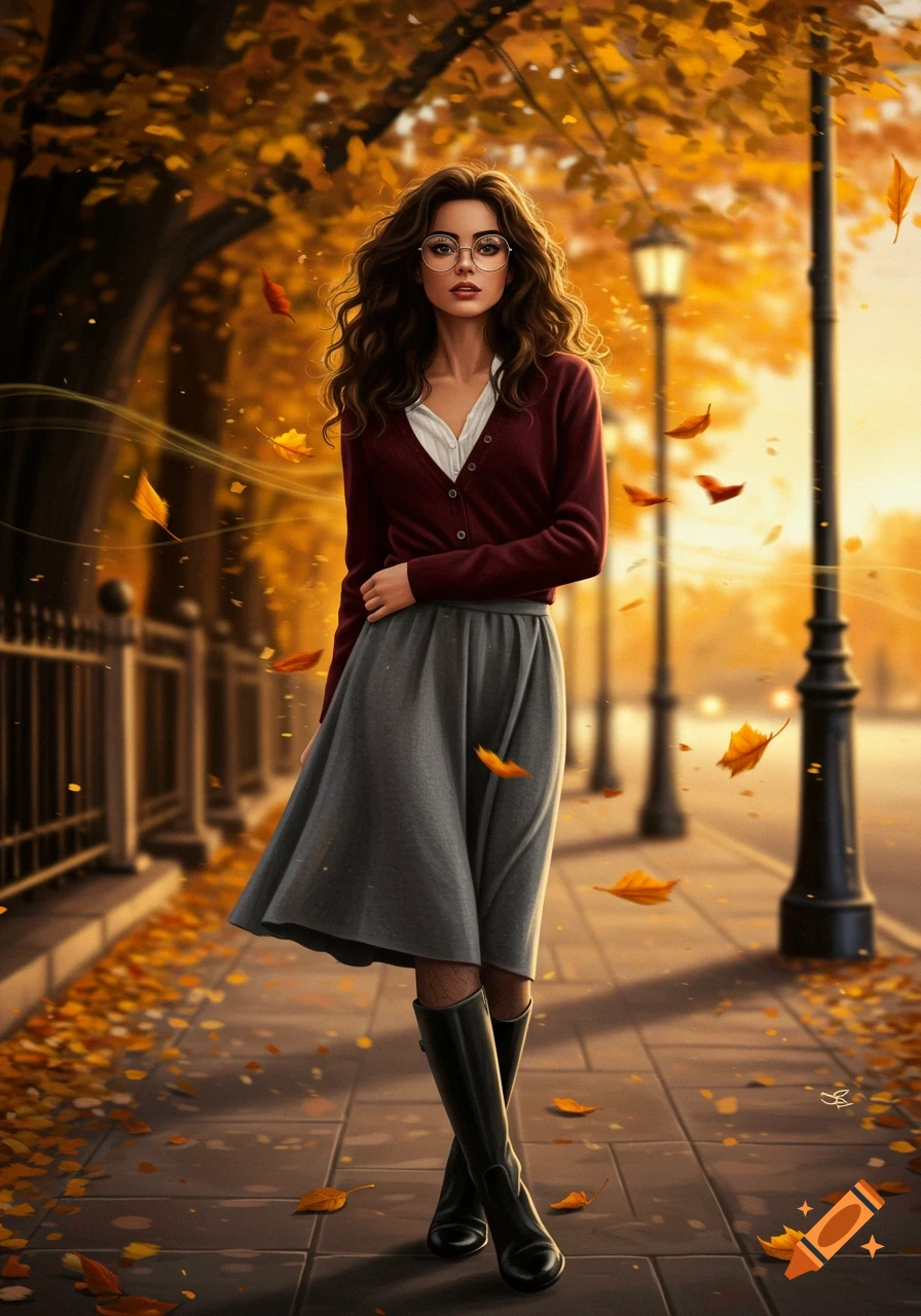 Digital illustration of a woman in glasses, a red cardigan, and a gray skirt, standing on an autumn sidewalk with falling leaves.