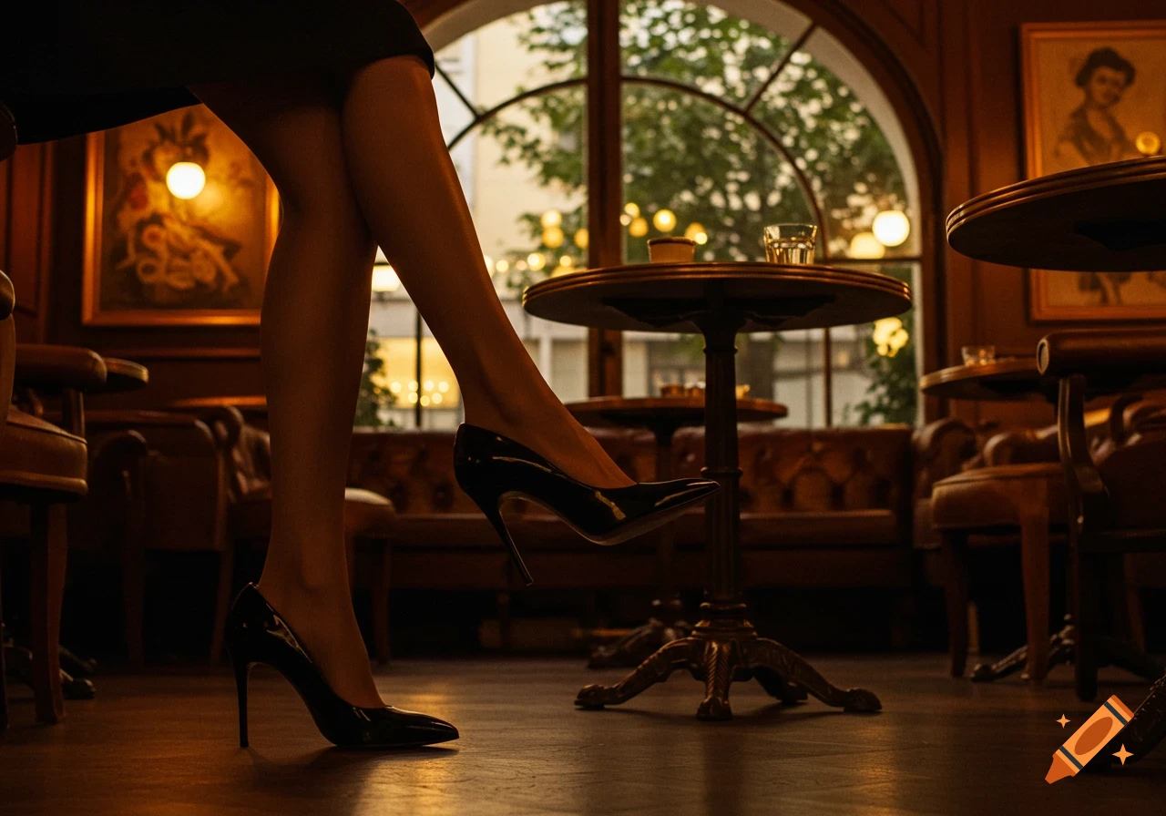 Woman's legs in black high heels crossed under a table in a dimly lit cafe with large arched windows.