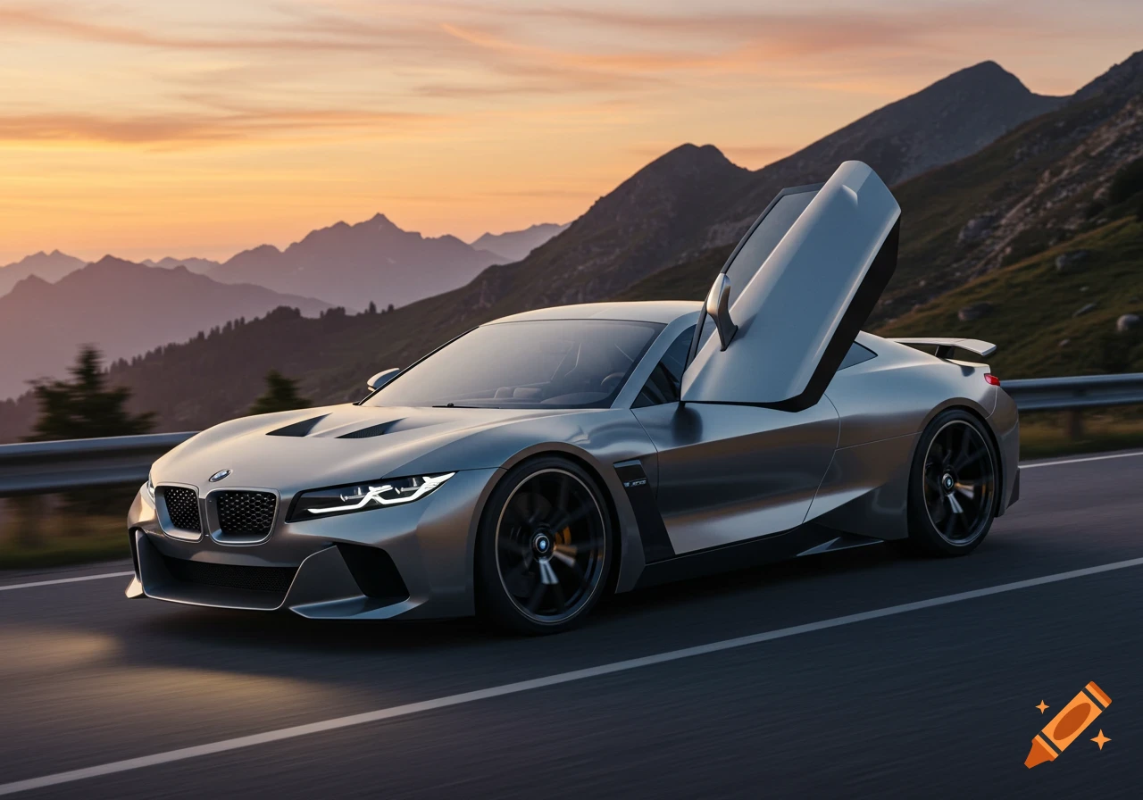 A sleek silver BMW concept car with gull-wing doors open, driving on a mountain road at sunset in a photorealistic style.
