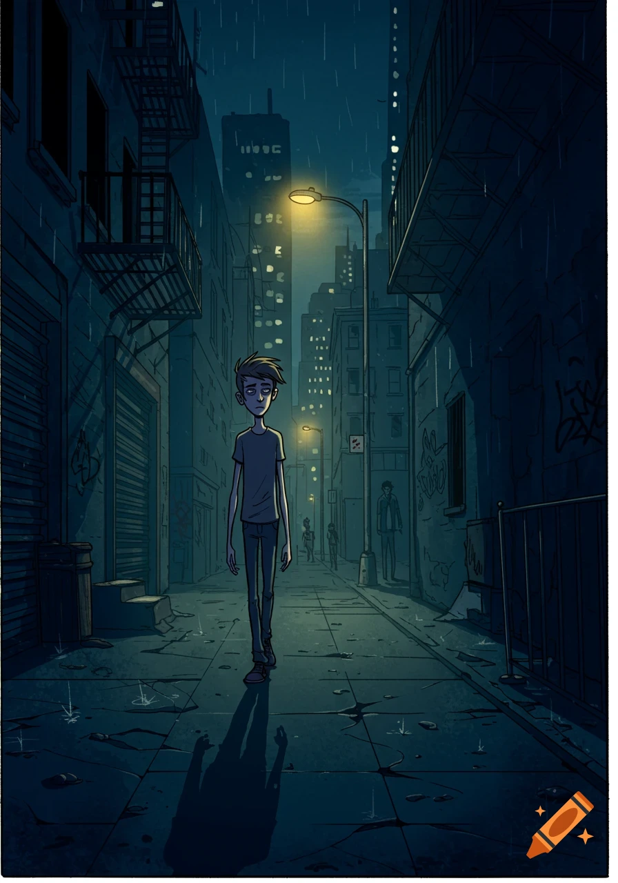 Cartoon of a tall, sad young man walking down a dark, rainy urban alley at night.