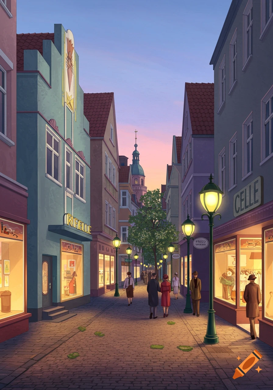 An Art Deco street in a German town at dusk, with glowing shop windows, street lamps, and people strolling on cobblestones.