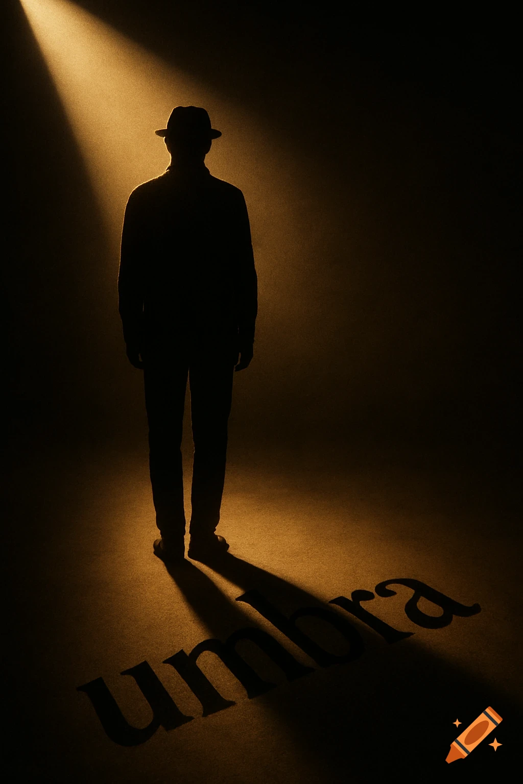 A silhouetted person wearing a fedora stands in a dramatic spotlight, with the word "umbra" visible in their elongated shadow.