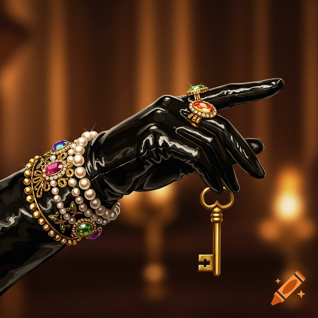 Elegant hand in a shiny black glove adorned with pearl and jewel bracelets and rings, holding a golden key.