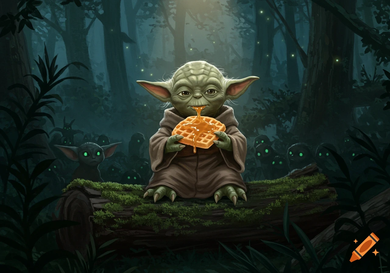 A cute, green Baby Yoda-like creature eats a waffle dripping with syrup, sitting on a mossy log in a dark forest with glowing-eyed shadows.