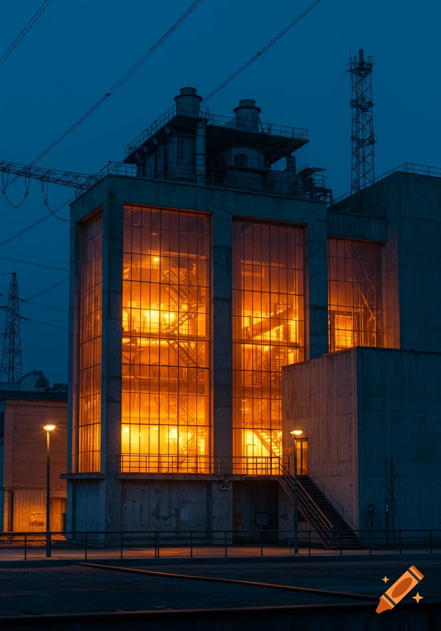 Large industrial building with multi-story windows glowing warm orange at dusk, contrasting with the cool blue sky. Realistic photo.