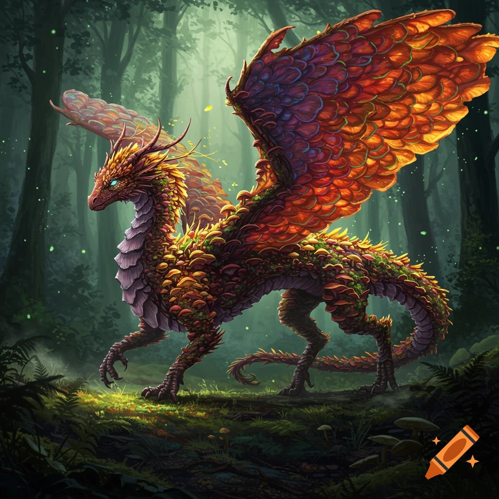 A vibrant, detailed dragon made of mushrooms with colorful wings, walking through an enchanted, misty forest.