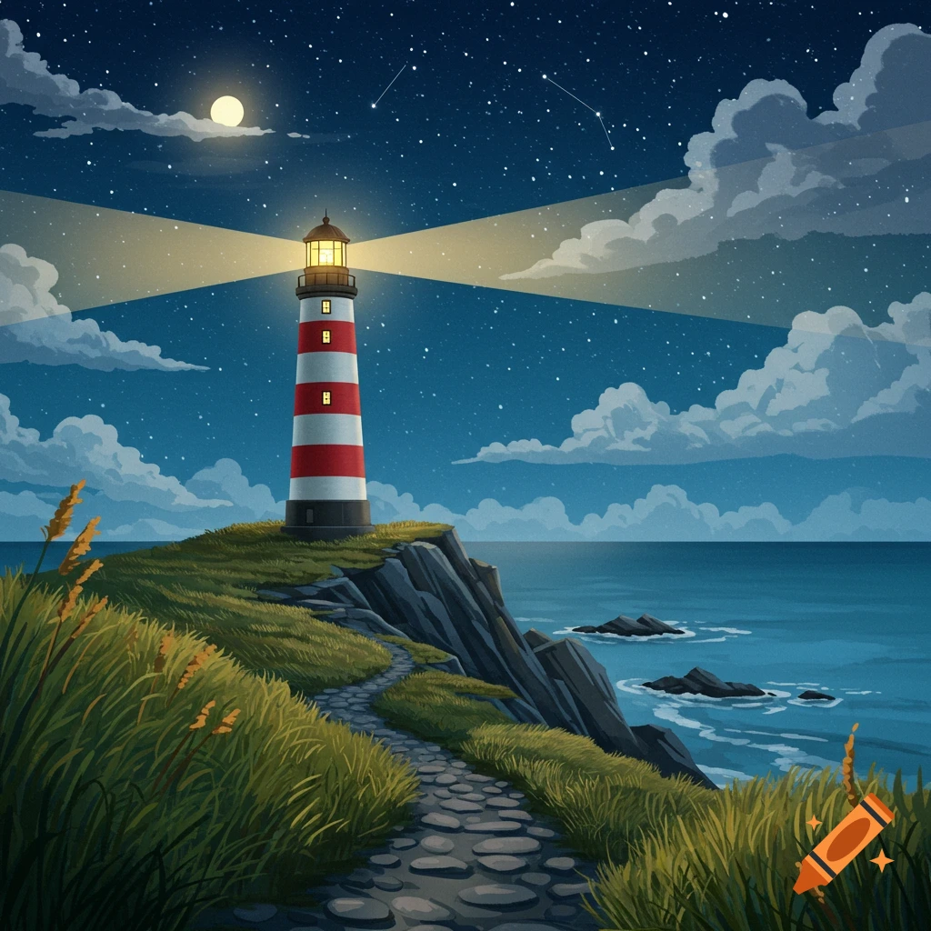 Illustrated lighthouse on a rocky cliff shines under a starry night sky with a full moon, overlooking the ocean and a winding stone path.