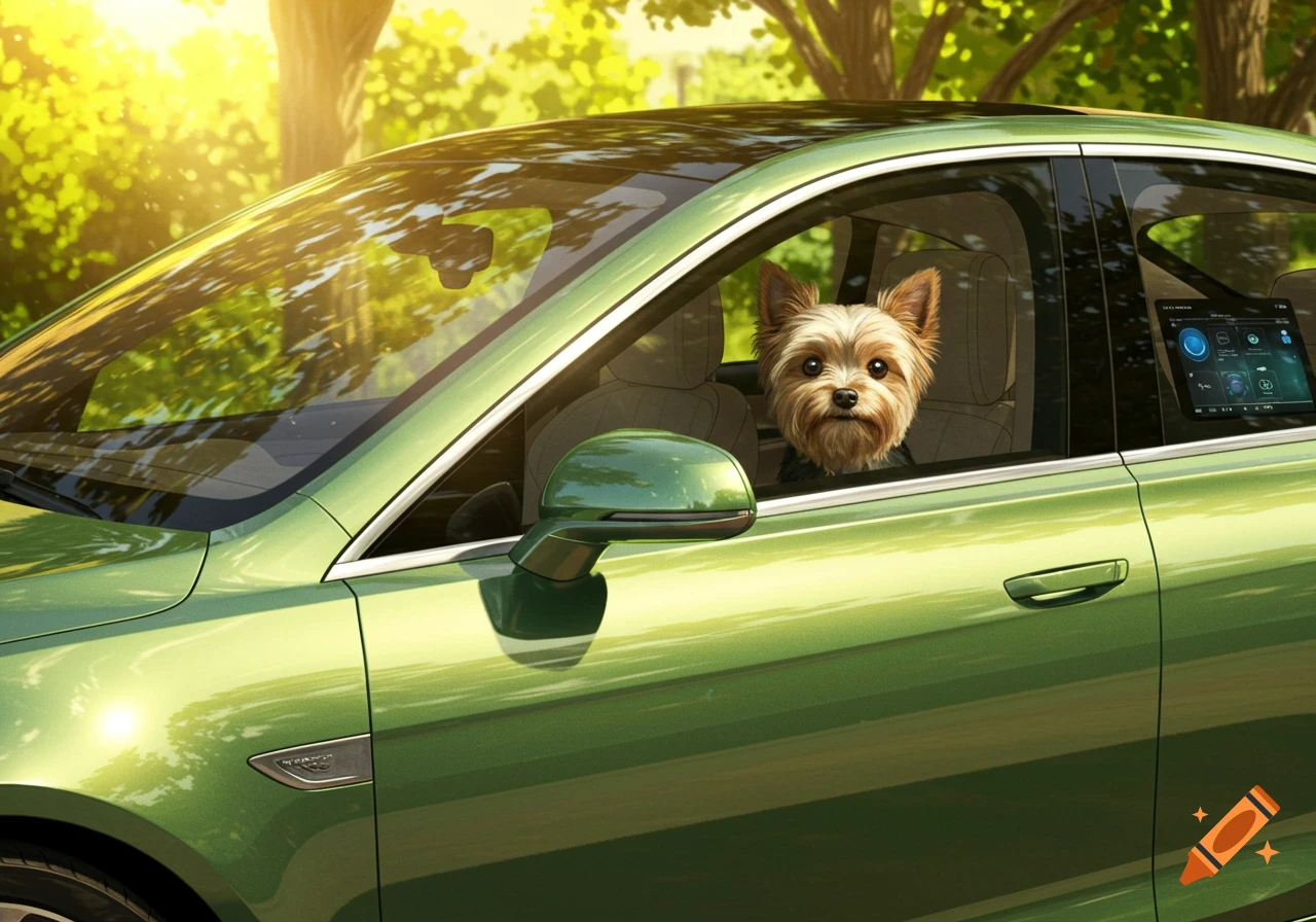A cute terrier dog peeks out the window of a shiny green luxury car, parked under sunny trees.