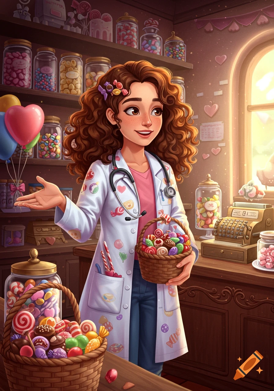 A whimsical cartoon girl doctor with curly hair, in a candy-decorated lab coat, smiles and holds a basket of sweets in a bright candy store.