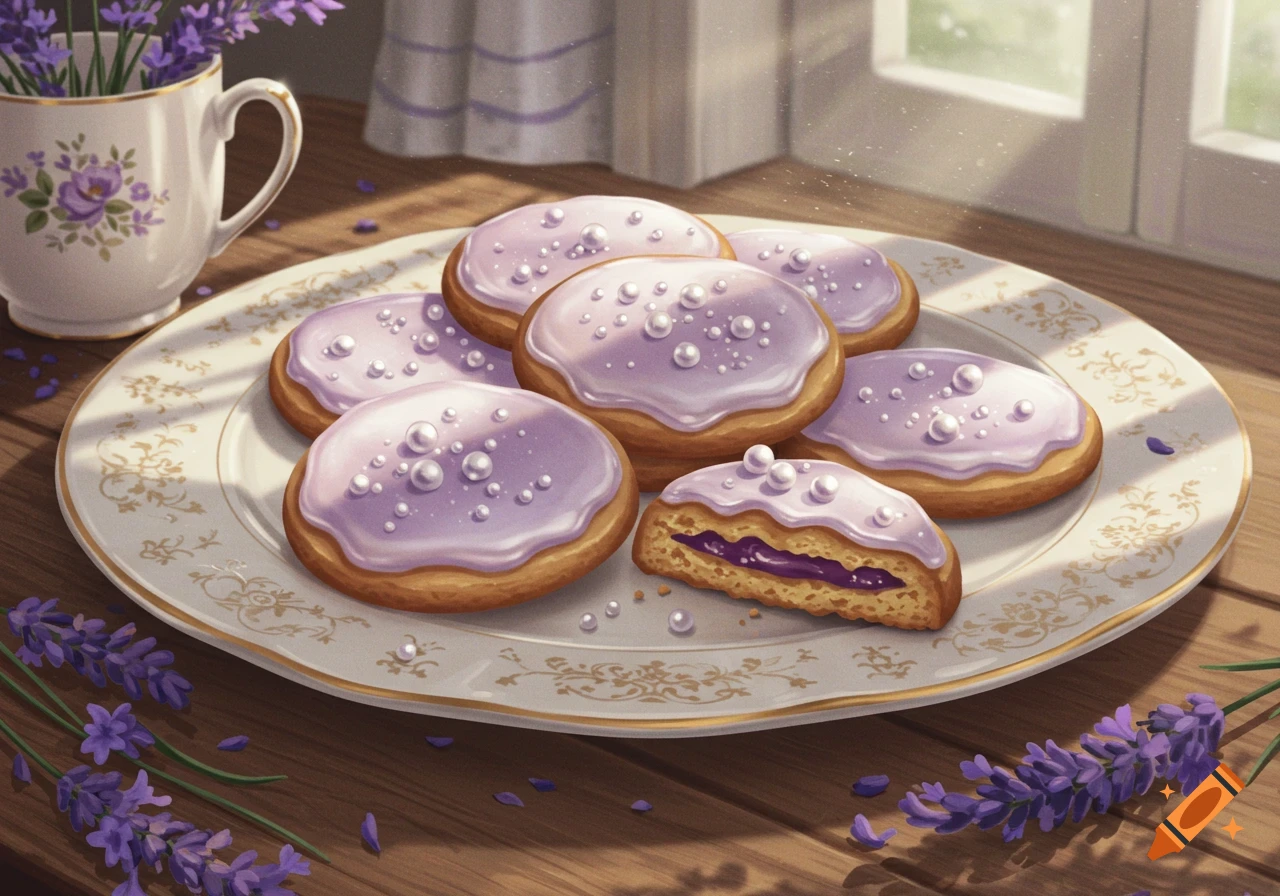 Lavender-frosted cookies with pearl sprinkles on a decorative plate, next to a mug of lavender and loose petals on a wooden table.