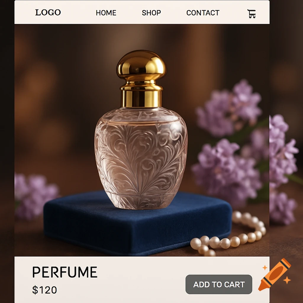 Elegant perfume bottle with a golden cap on a blue velvet stand, with lilac flowers and pearls in the background, displayed on an e-commerce page.
