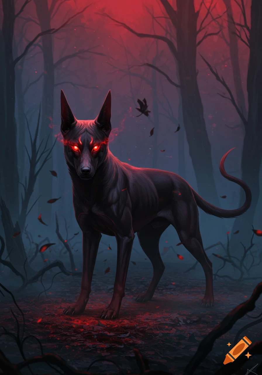 A black demon dog-like creature with glowing red eyes stands in a dark, eerie forest under a red sky.