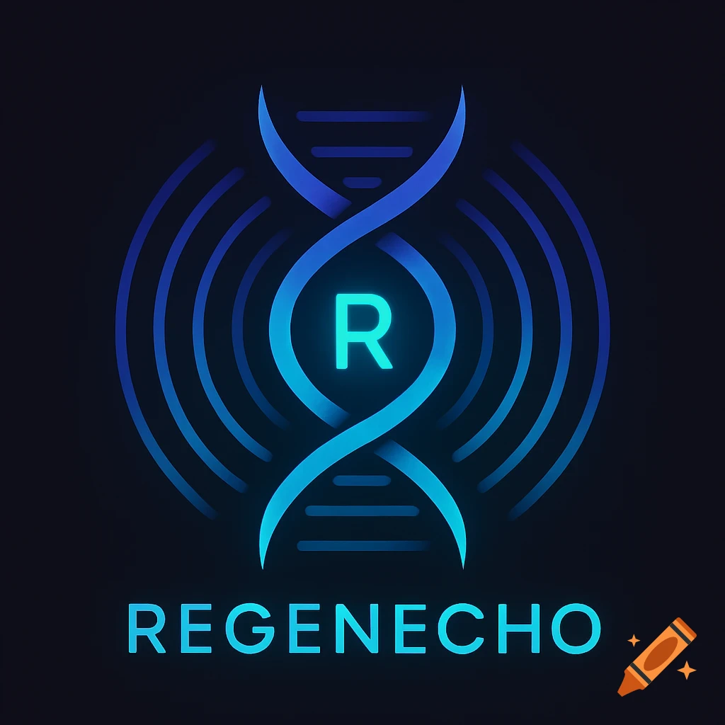 A glowing blue and turquoise logo featuring a DNA double helix, with the letter 'R' inside it, and concentric sound waves radiating outwards. The word 'REGENECHO' is below.