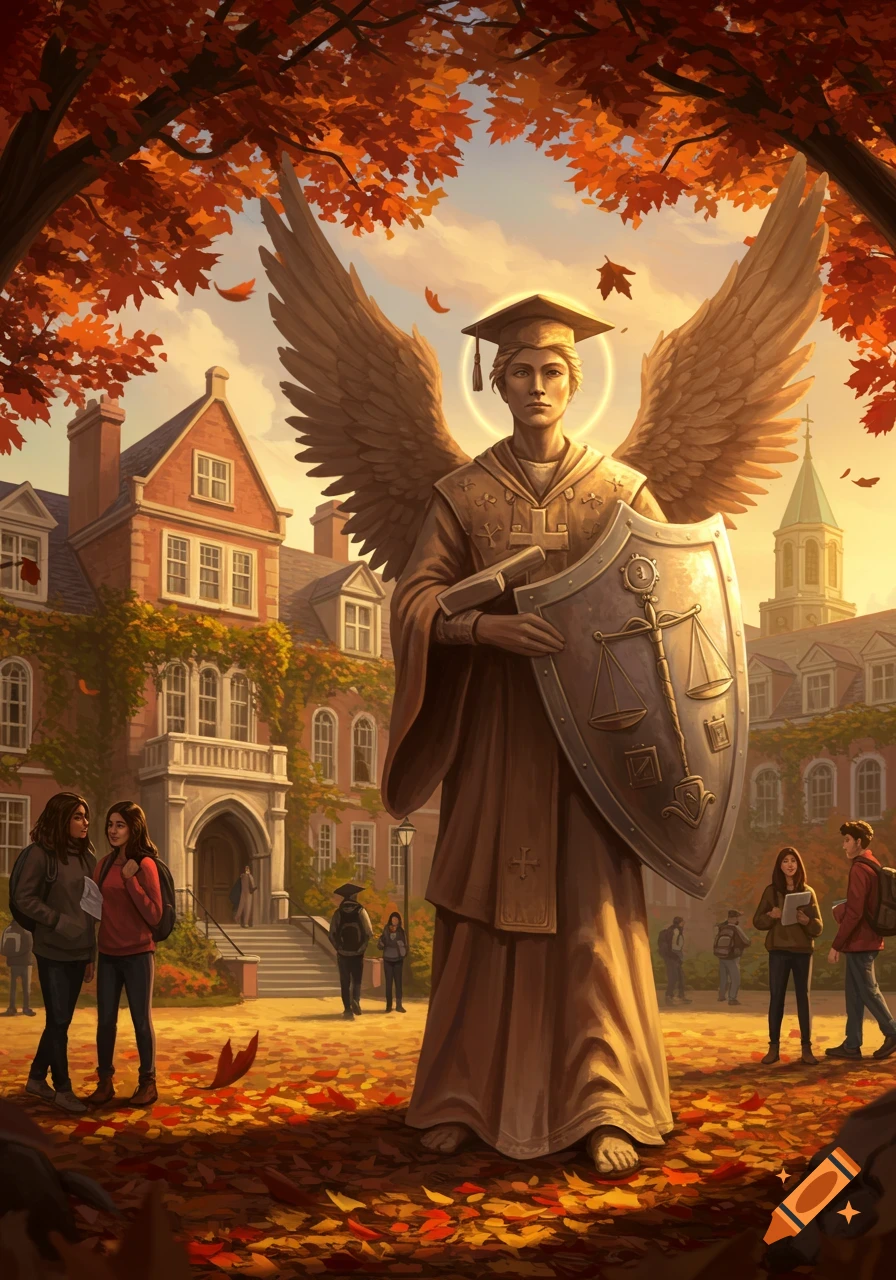 An angelic statue in a graduation cap with wings, shield, and scroll stands on an autumn university campus with students.