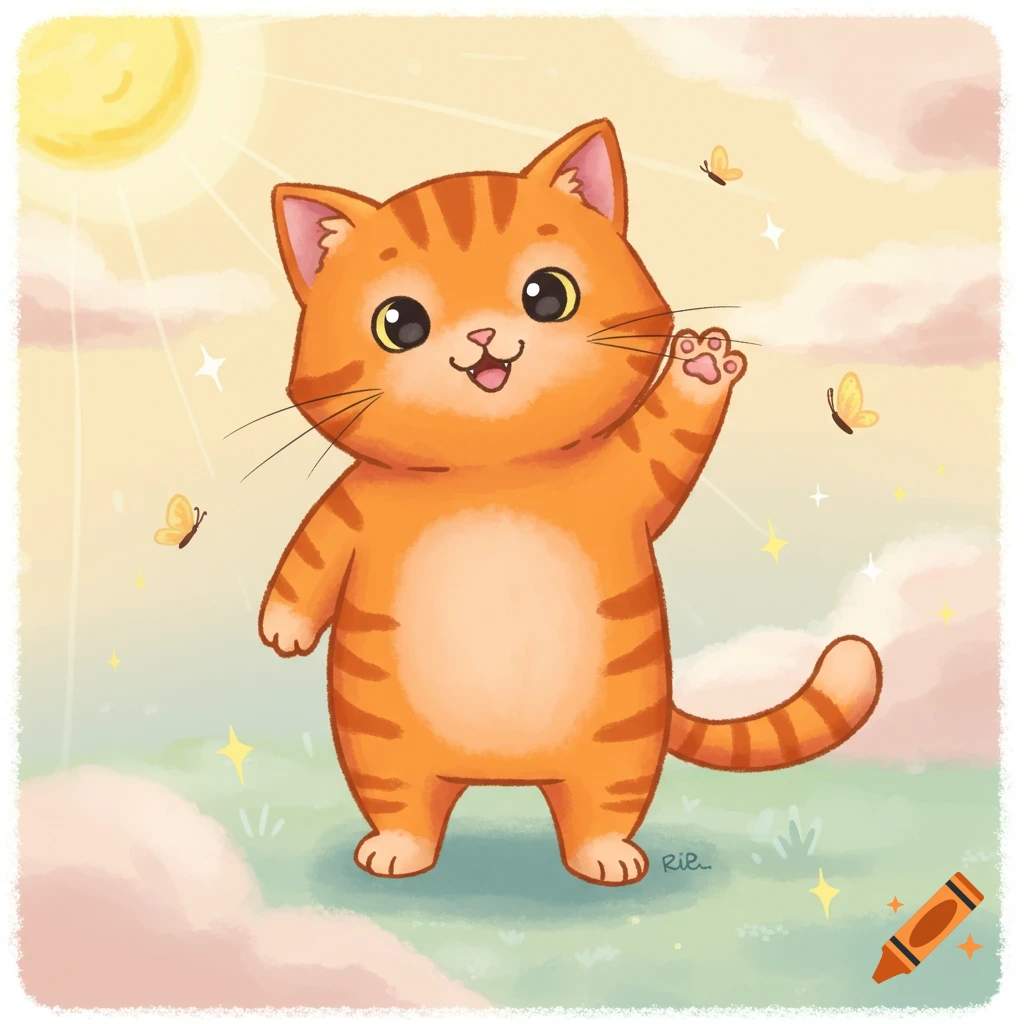 A cute, smiling cartoon orange tabby cat waving in a sunny, grassy field with butterflies.