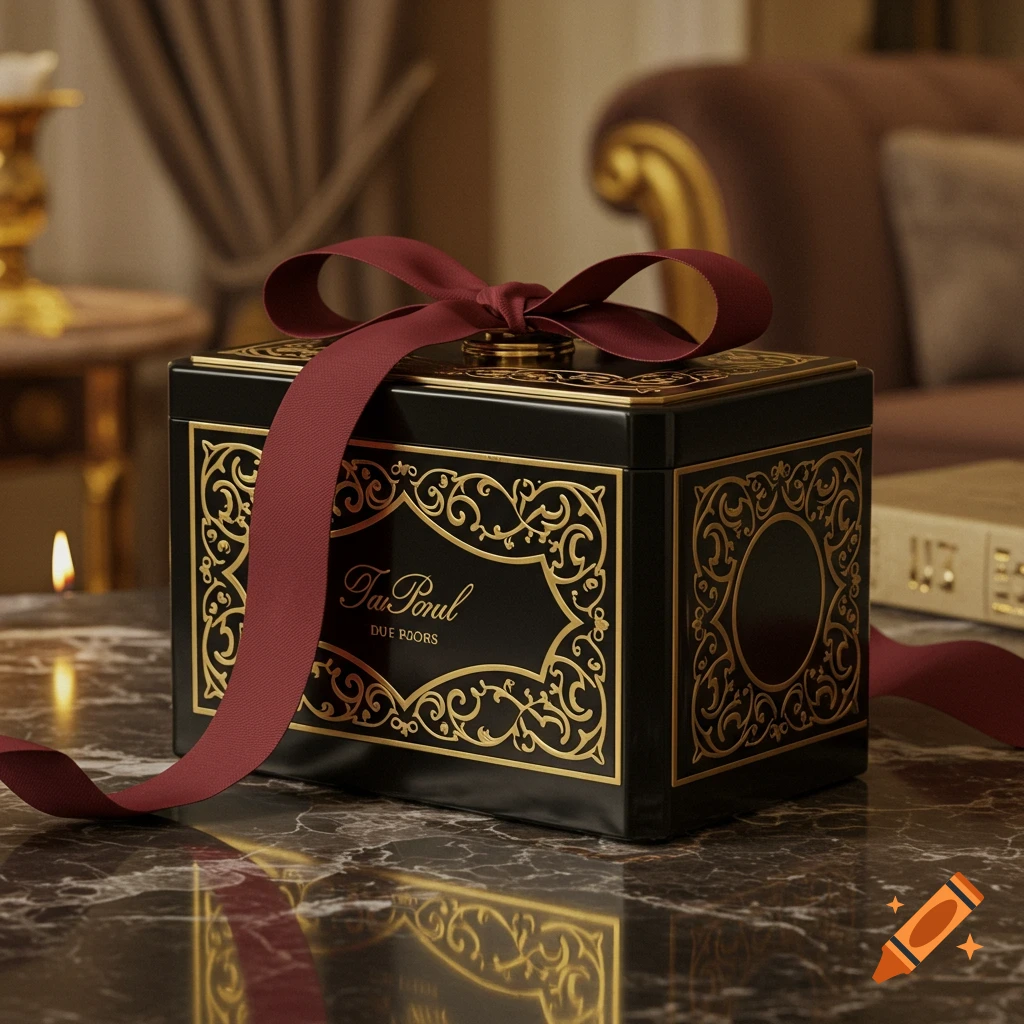 A black luxury box with gold ornate trim and a red ribbon tied on top sits on a marble table in an elegant room, photorealistic style.